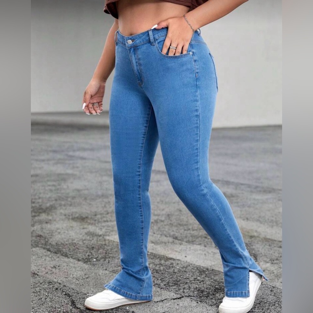 SHEIN Blue Women's Split Hem Skinny Jeans
